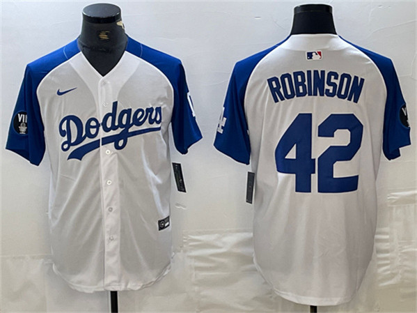 Los Angeles Dodgers #42 Jackie Robinson White Blue Vin Patch Cool Base Stitched Jersey - Click Image to Close